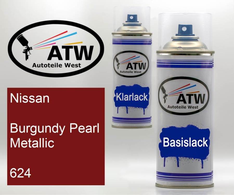 Nissan, Burgundy Pearl Metallic, 624: 400ml Sprühdose + 400ml Klarlack - Set, von ATW Autoteile West.